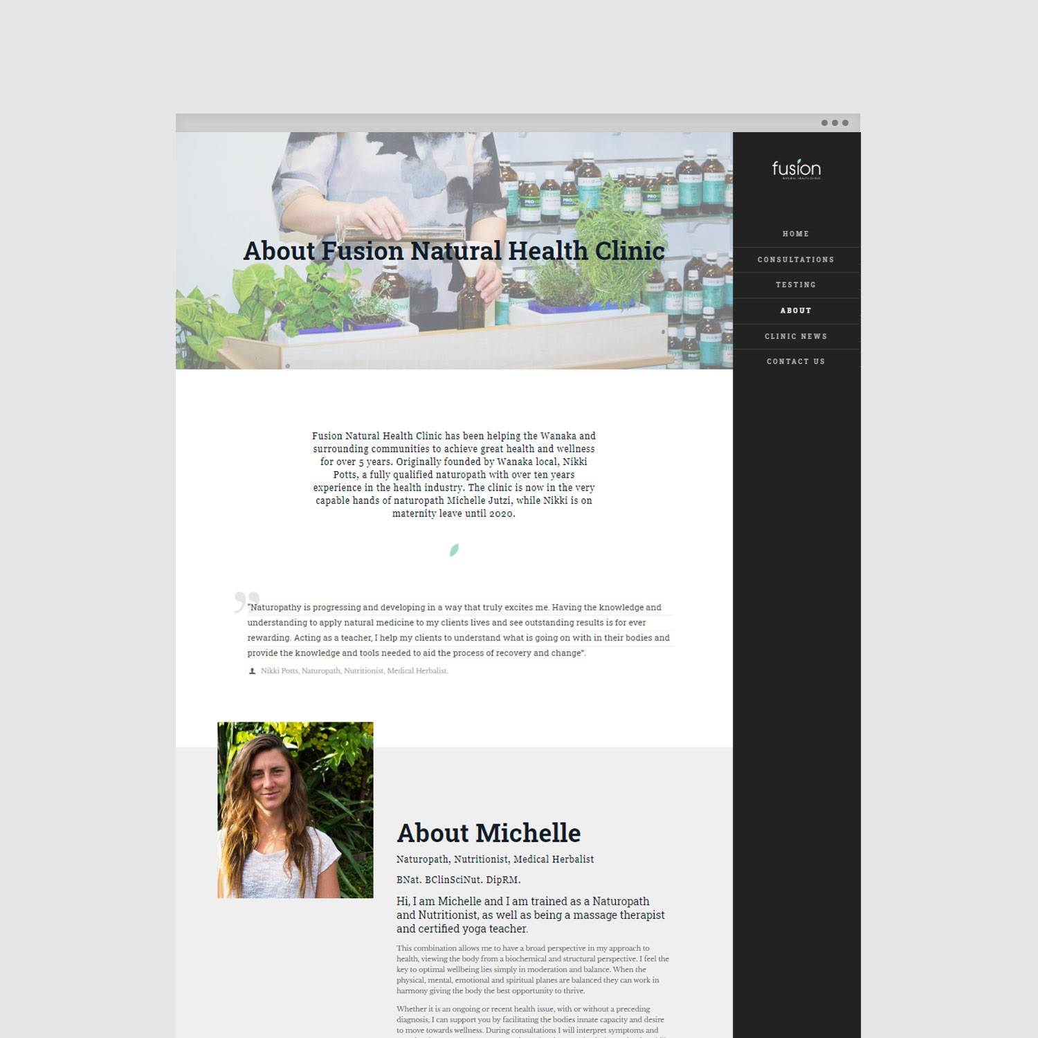 Wanaka website design for Fusion Clinic - About Page
