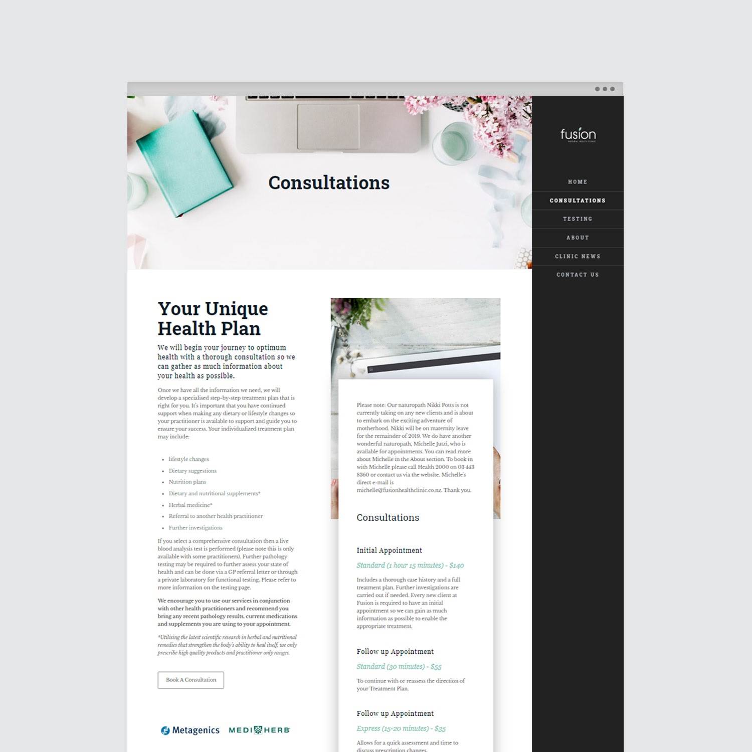 Consultations page - website design for Fusion Natural Health Clinic Wanaka 